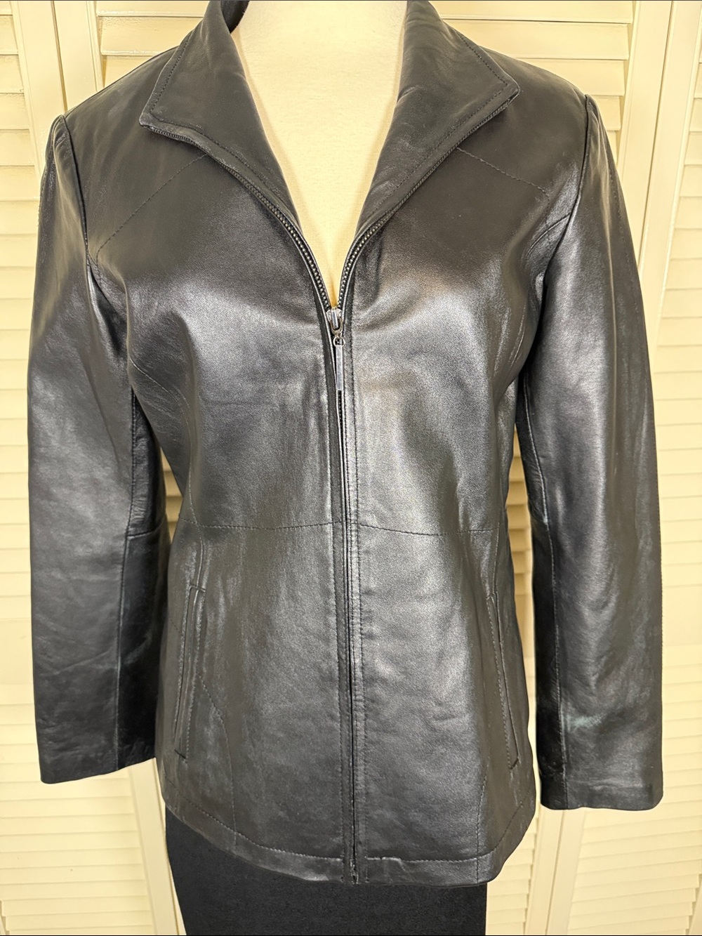 George Black Genuine Leather Collared Zip Up Jacket - Size Medium